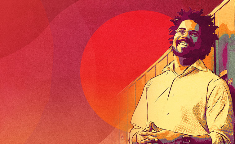 A Black male principal or superintendent stands in front of school lockers smiling.