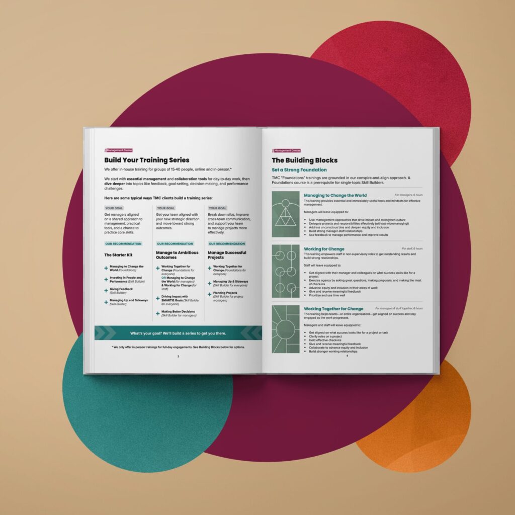 Open pamphlet representing downloadable document. Headlines read: "Build Your Training Series" and "The Building Blocks."