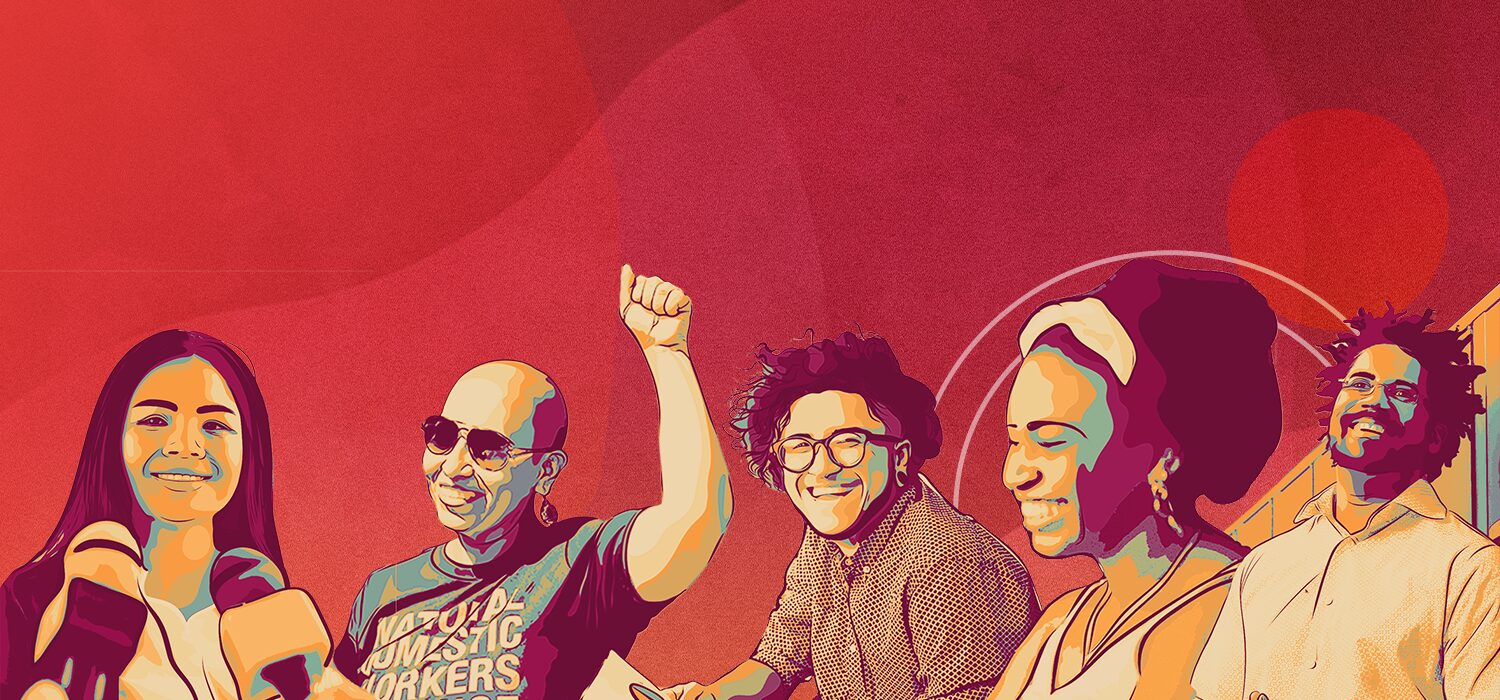 Illustrated portraits of: an Asian female speaking into microphones, a person with a shaved head in sunglasses raising a fist in victory, two multiracial L.G.B.T.Q. colleagues in a meeting, and a Black male educator leaning against school lockers.