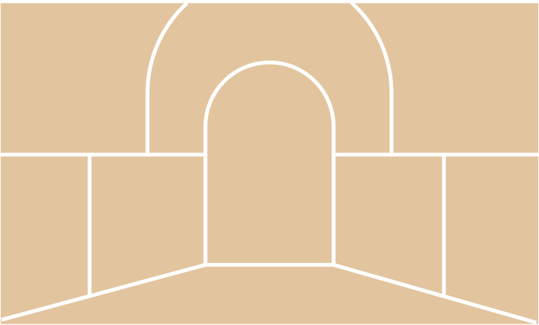 A central arch shape in the center, surrounded by rectangles and curves.
