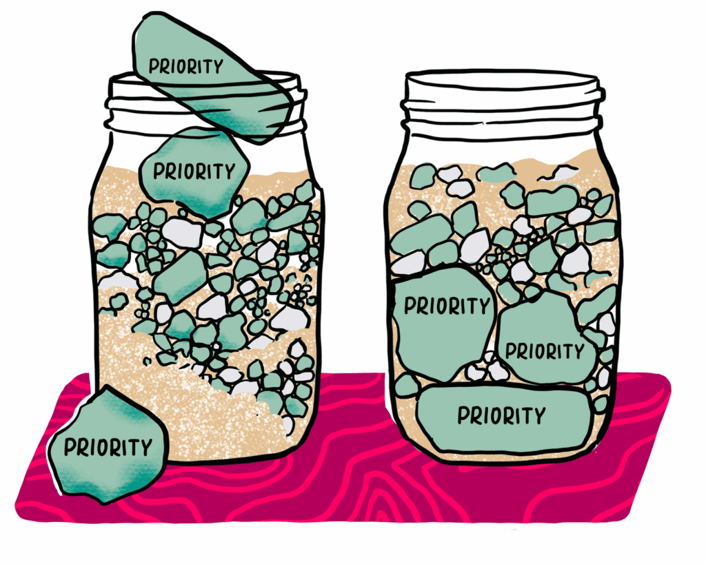 Two jars with small and large rocks. All large rocks represent top priorities.