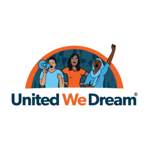 Three young people, centered in front of a half circle, United We Dream.